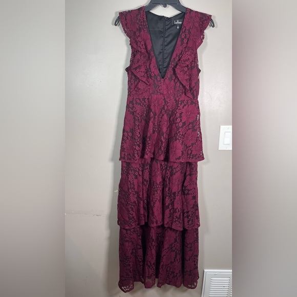 Lulus Molinetto Burgundy Lace Ruffled Tiered Sleeveless Maxi Dress - Picture 3 of 8
